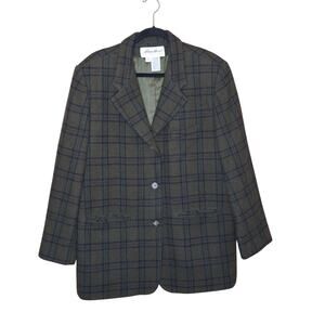 Ladies Eddie Bauer 3 Button 100% Wool Dark Plaid Blazer Lined Size Large